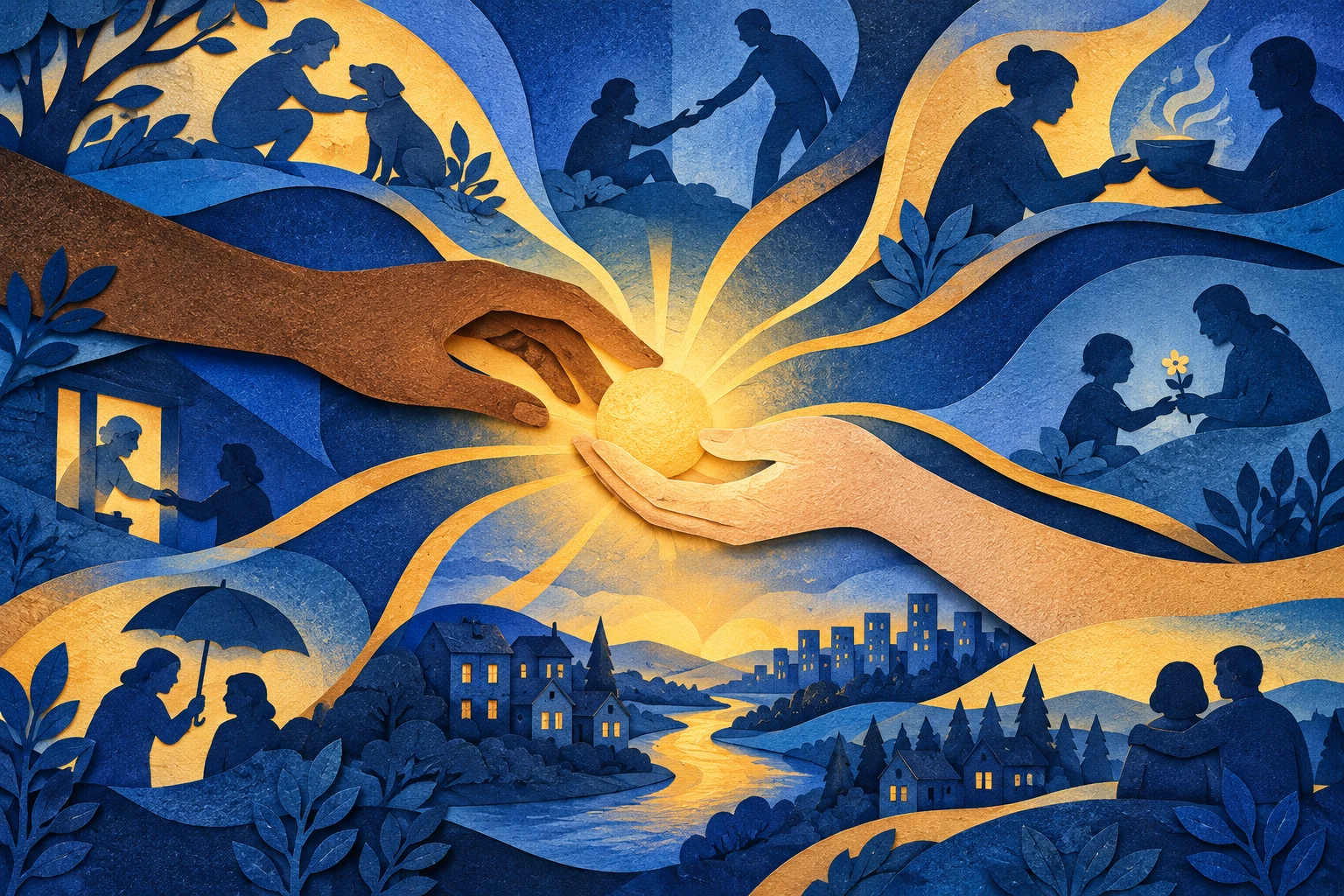 Illustration of hands sharing a golden light